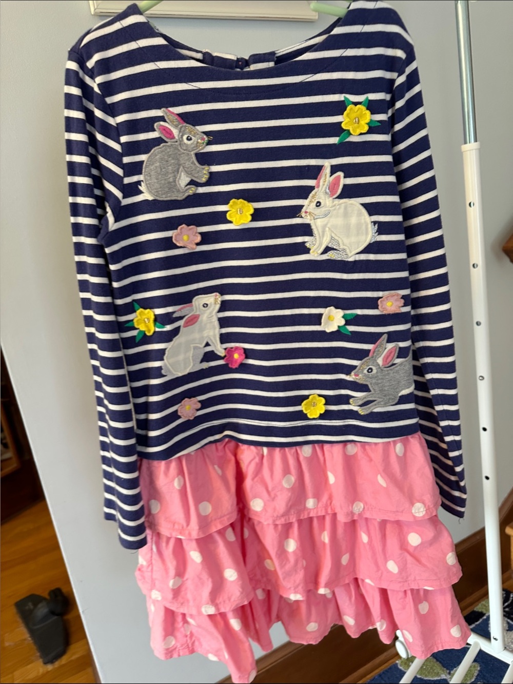 Mini BODEN Kids Navy Striped Bunny Appliqué Dress with Pink Ruffle Skirt